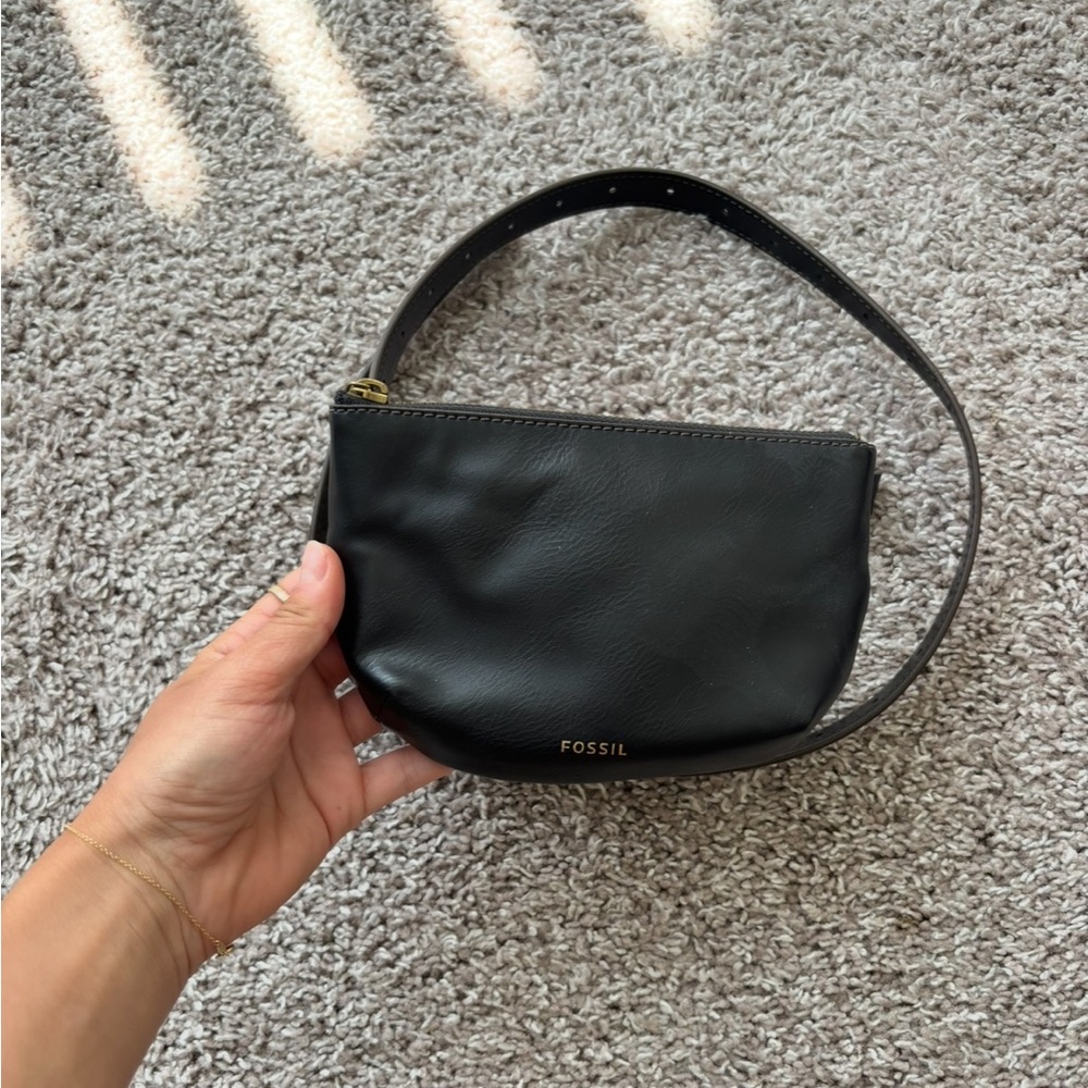 Fossil Black Leather Mini Belt Bag with Gold-Tone Logo